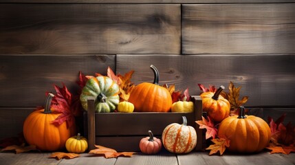 Autumn background with pumpkins, leaves and rustic wooden wall Generative AI