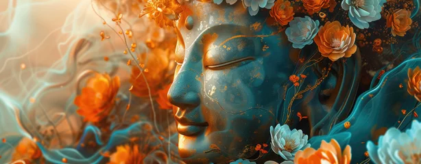 Tuinposter golden buddha with a painting with the flowers in orange and blue © Kien