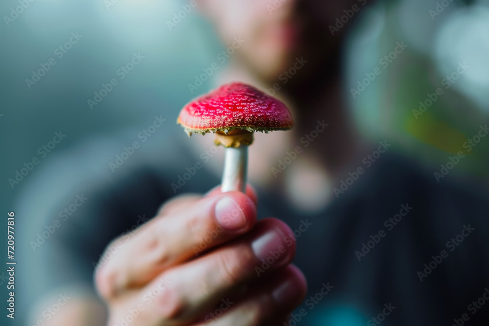 Poster mushrooms in the hands of a man. background with selective focus and copy space