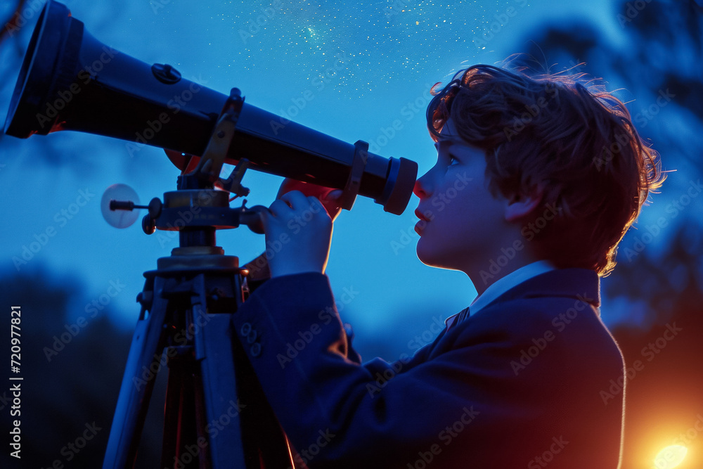 Poster boy in the dark of the night with a telescope. noise as an artistic technique. background with selec