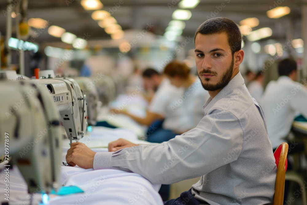 Poster workers at a textile factory. background with selective focus and copy space