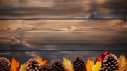 Wooden background with autumn leaves and pine cones. Place for your text. Generative AI