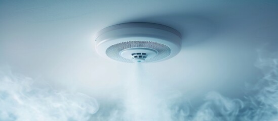 Smoke Detector on Ceiling in White, Emitting Smoke with a Calming Effect for Optimum Safety - obrazy, fototapety, plakaty