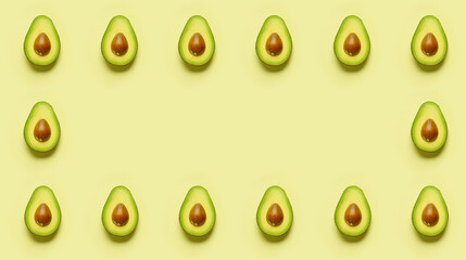 Fototapeta premium Avocado pattern on yellow background. Flat lay, top view minimal concept.