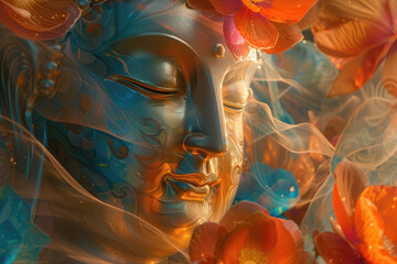 golden buddha with a painting with the flowers in orange and blue