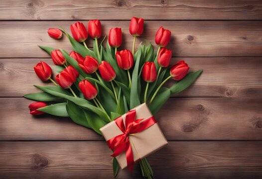 boxes tulips space gift ribbons paper bouquet composition spring background bows wooden wrapping Free red Flower light