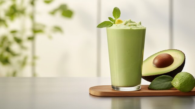 Avocado smoothie in a glass with avocado and lime on a wooden board.