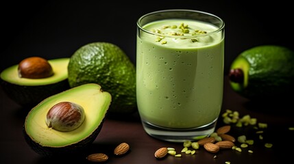 Avocado smoothie in a glass with ingredients on a dark background.