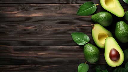 Fresh avocados with leaves on wooden table with space for text.