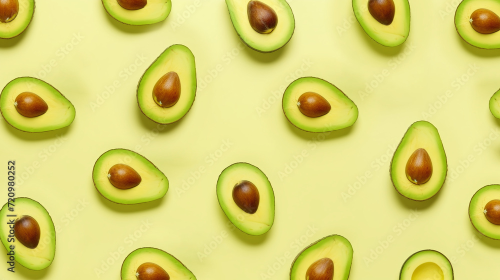 Sticker avocado pattern on yellow background. minimal summer concept. flat lay, top view.