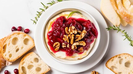 Cottage cheese with cranberry sauce and walnuts, top view Generative AI
