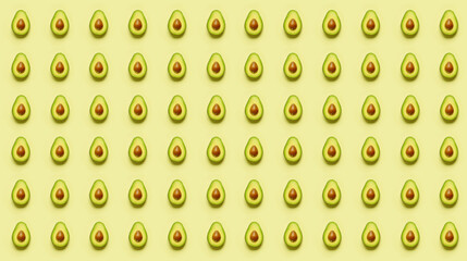 Seamless pattern of fresh ripe avocado halves on a yellow background.