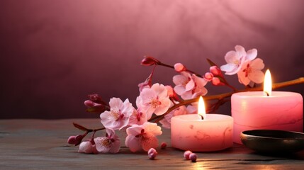 Obraz na płótnie Canvas Burning Candles and Blooming Sakura Branch: A Pink Tinted Idea for a Postcard AI Generated