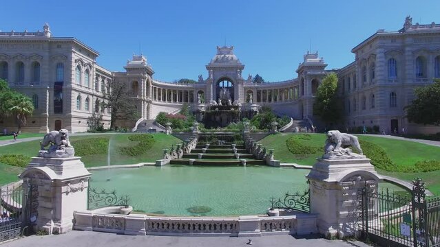 Lions sculptures and cascade fountain near Palace Longchamp 