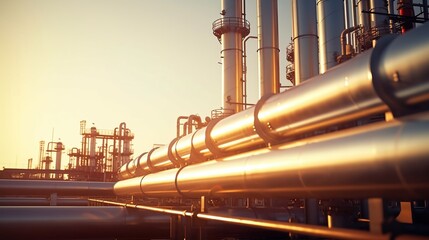 An oil and gas refining plant with pipeline fittings. Storage and export of gas and petroleum products, environmental pollution by chemical products,oil and gas plant