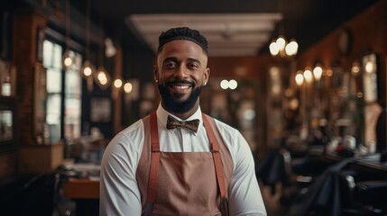 Fototapeta na wymiar Portrait of a smiling african american waiter standing in a cafe Generative AI