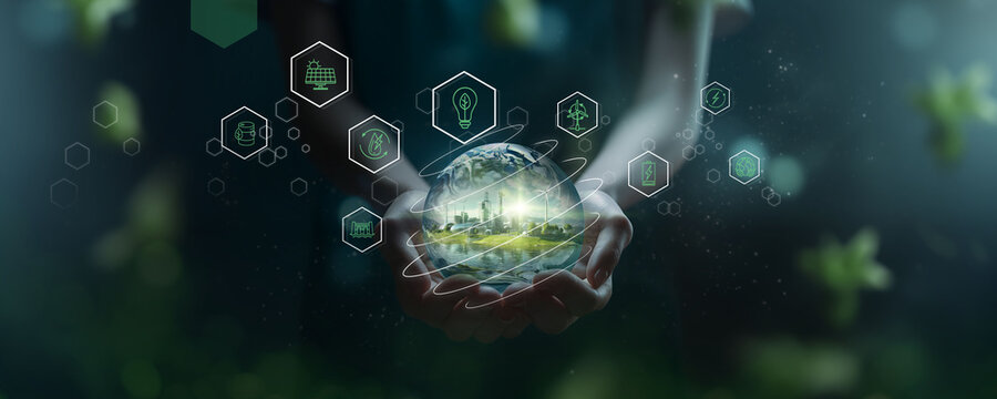 Renewable energy, sustainable, clean energy in industry concept. Carbon reduction solution to limit climate change. Environmental protection. Crystal ball with sustainable energy source icons.