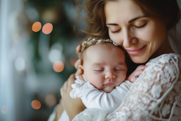 portrait of happy mum holding sleeping infant child on hands