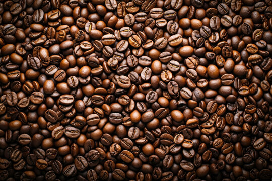 Coffee beans close up. Backdrop with selective focus and copy space