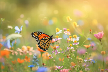Obraz premium Butterfly on a spring meadow. Backdrop with selective focus and copy space