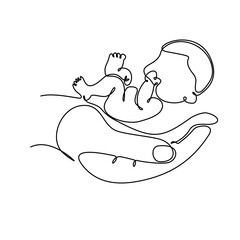 One single line drawing of beautiful newborn baby leaning on mother's hand. Little newborn baby and girl hands. Happy mother and her child. Modern continuous line draw graphic design vector illustrati