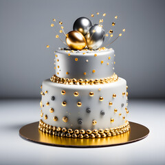 wedding Cake with gem and diamonds on top, gem and diamonds decorating cake, silver ball side, worthy nice cake design with beautiful color background, high value gold cake design with ash color icing