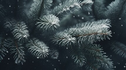 Fir branches covered with hoarfrost on a dark background. Generative AI