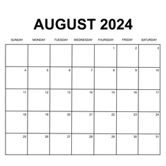 august 2024. Monthly calendar or planner design. week starts on Sunday. Printable, editable and clean design isolated on white background. 
