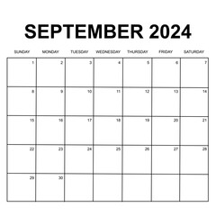 september 2024. Monthly calendar or planner design. week starts on Sunday. Printable, editable and clean design isolated on white background. 