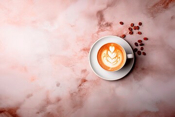 An expertly poured latte with intricate art is accompanied by scattered coffee beans, set against a pink-brown marble textured background with ample copy space. - 720983677