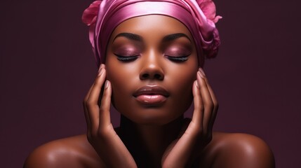 Beautiful african american woman with pink headscarf. Generative AI