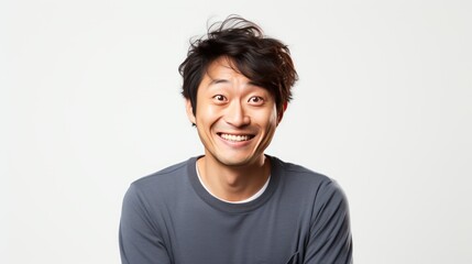 A Portrait of a funny Asian man on a white isolated transparent background. - obrazy, fototapety, plakaty