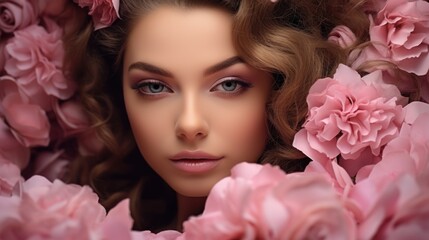 Beautiful young woman with pink flowers in her hair. Beauty, fashion. Generative AI
