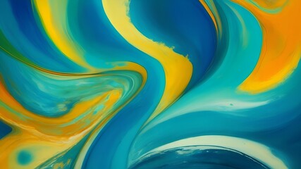 Abstract swirling painting of turquoises blues, greens, reds and yellows