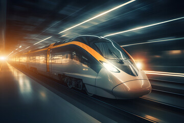 High speed fast train passenger locomotive in motion at the railway station city subway underground - obrazy, fototapety, plakaty