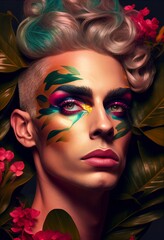 White Caucasian Androgynous drag queen king surrounded by floral flower background