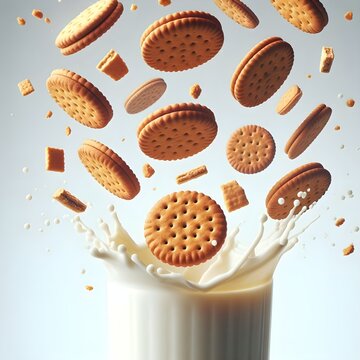 Dynamic action image of biscuits cookies and milk splashing together on white background, nutrition snack food concept