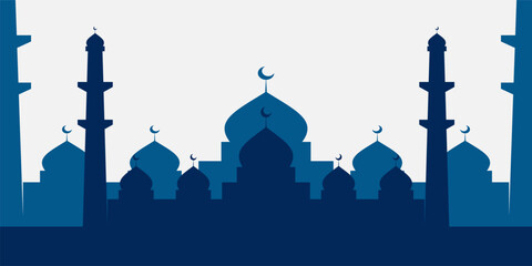 Fototapeta premium Islamic background with blue mosque silhouette. free copy space area. design for banners, greeting cards, posters, social media for Islamic holidays.