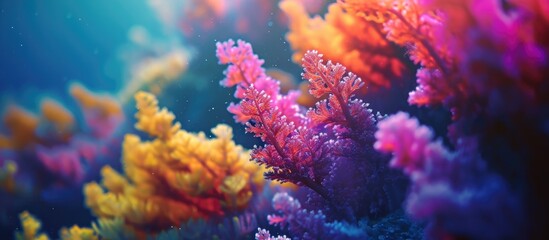 Fototapeta na wymiar Vibrant, scenic underwater scenery with deep acropora corals in tropical sea.