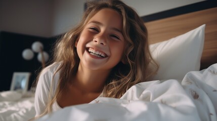 Beautiful little girl is smiling while lying in bed at home. Generative AI