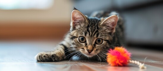 The pretty striped house cat plays with a toy.