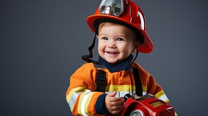 A Happy boy wearing firefighter uniform, little firefighter and fire extinguishing equipment, firefighter career adventure concept. on empty space on a white isolated transparent background.