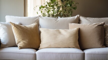 close up of beige pillows on white sofa in living room Generative AI