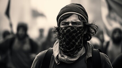Angry Protester Leading a Brigade with a Bandana AI Generated