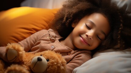 Beautiful african american girl sleeping in bed with teddy bear Generative AI