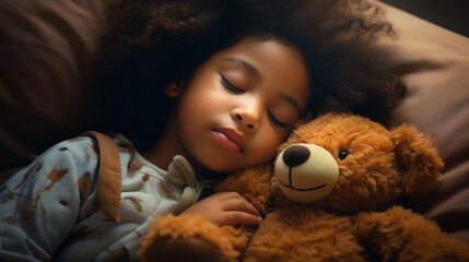 African american girl sleeping in bed with teddy bear toy, closeup Generative AI