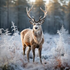 Naklejka na ściany i meble A reindeer stands on the frosted grass on an early winter morning in a snowy pine forest. winter animals, beautiful scenery