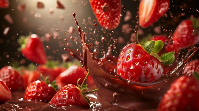 Bright red strawberries falling onto rich chocolate cream