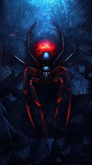 3d rendering of a red spider in the dark with a red glow Generative AI - obrazy, fototapety, plakaty