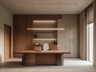 Fototapeta na wymiar Cozy minimalism office interior: Simple decor and modern design, generated by AI